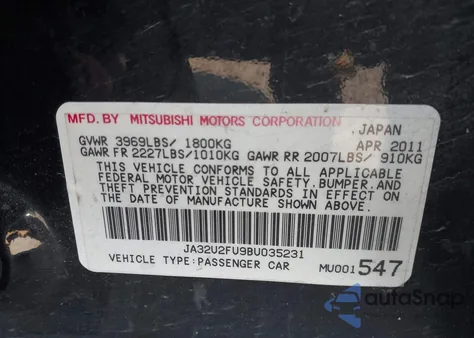 2011 Mitsubishi Lancer Es z USA, uszkodzony, nr VIN JA32U2FU9BU035231